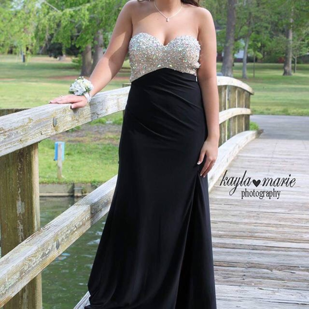 Black strapless prom dress with split on leg